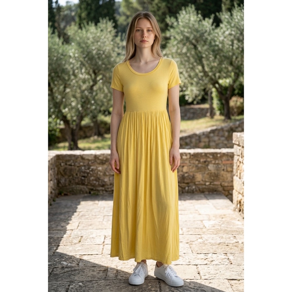 21 Saints Womens Yellow Scoop Neck Short‎ Sleeve Empire Waist Maxi Dress M